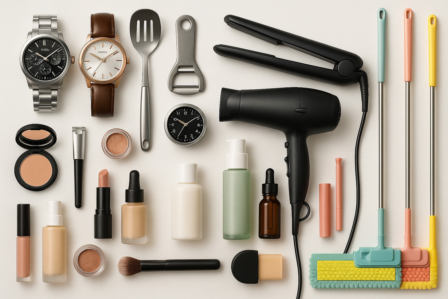 Give image multi products like watches kitchen accessories and hair straightener dryers mops and beauty products